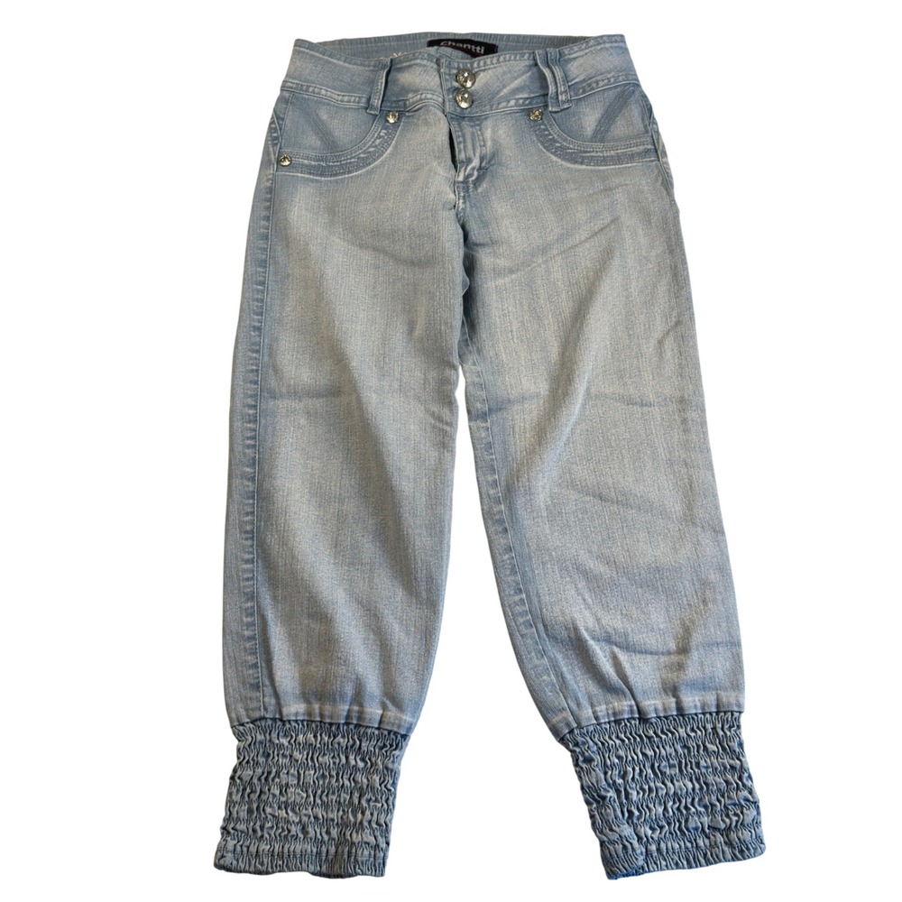 Y2K Jogger Jeans‎ Light Wash Colombian Denim Smocked Cuff Cropped Low Rise Sz 25